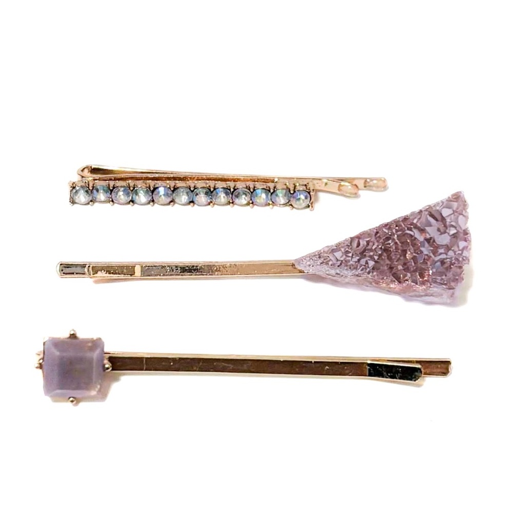 NEW - 3pc Set Gold Rhinestone & Amethyst Crystal Stone Bobby Pins Hair Clips - Picture 2 of 2